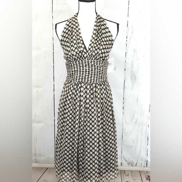 NWT NEW Silk Sz 6 Maggie London halter polka dot white brown midi dress Medium - Picture 5 of 14